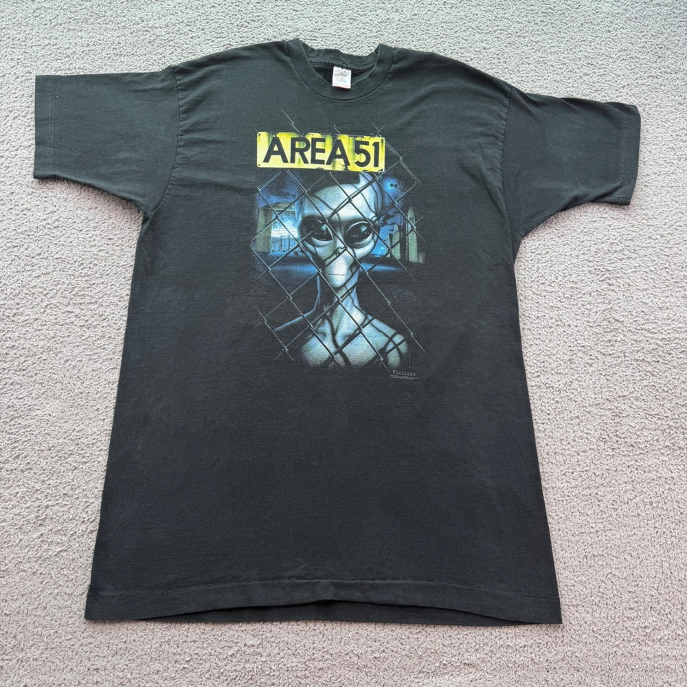 Vintage 1997 Area 51 Alien Visitors T-Shirt Black XXL Single Stitch Made in USA